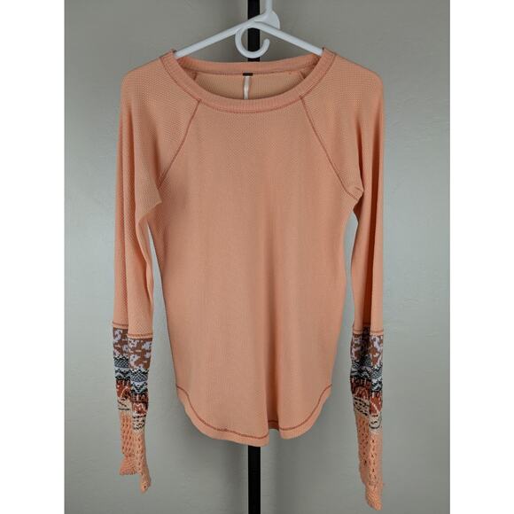 Free People size Large In The Mix Thermal Top Desert Orange Knit Crochet Cuff - Picture 2 of 8
